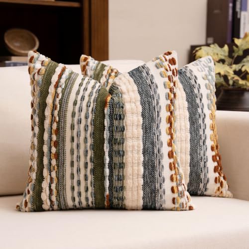 Boho Chenille Tufted Throw Pillow Covers 18x18 Inch Set of 2 Farmhouse Mixed Green Woven Striped Decorative Pillowcases for Couch Sofa Bed - color: Mixed Green