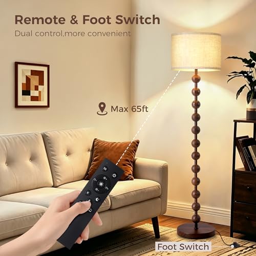 62" Farmhouse Floor Lamp with Remote, Dimmable Standing Lamp, Walnut Grain - color: Walnut Wood Grain