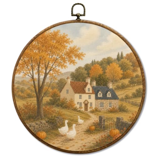 JUIOEIU Rustic Fall Cottage Duck Pumpkin Landscape Round Wall Decor 988 - color: Town02