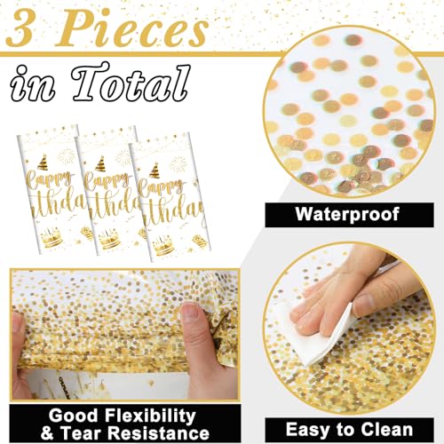 Tudomro 3 Pcs Plastic Happy Birthday Party Tablecloths,White Gold - color: White Gold
