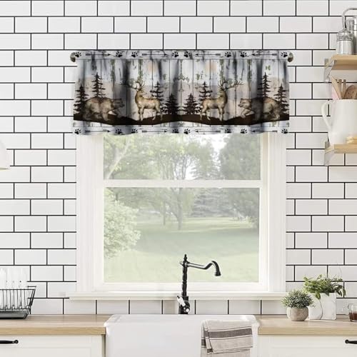 Rustic Farmhouse Valance, Retro Wooden Barn Door Cabin Wild Animals Bear Deer Vintage Farm Country Blackout Short Window Treatments for Kitchen Living Room Bedroom,54x18in - color: Bear-11