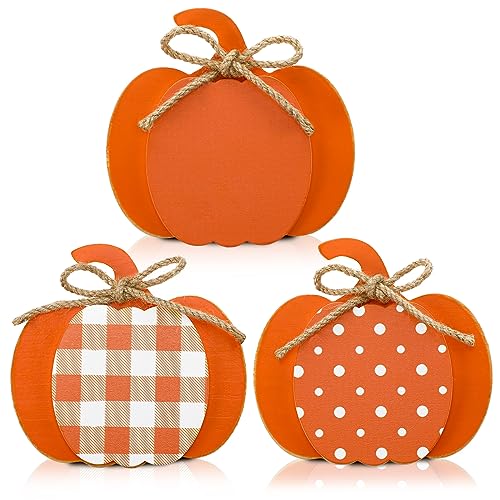 Thyle 3 Pcs Fall Wooden Pumpkin Decor Table Decorations, Orange, White