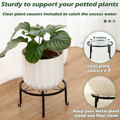 7-pack Metal Plant Stands Indoor Outdoor Rustproof Iron Potted Plant Holder Heavy-duty Round Flower Pot Riser Shelf for Garden, Patio, Corner Stand with Clear Water Tray 6.9"/ 7.9"/ 9"/ 10"/ 11" - size: 7 Pack (6.9, 7.9, 9, 10, 11 inch)