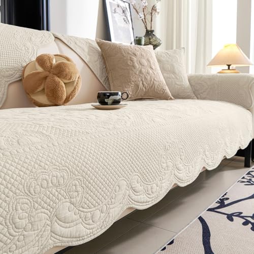 vctops Boho Cotton Quilted Couch Cover Soft Embroidered Sofa Cover Non-Slip Dog Bed Cover Scalloped Sofa Slipcover Washable Furniture Protector Cover (Cream,28"x59") - color: Cream, size: 1pc/28"x59"/Rectangular
