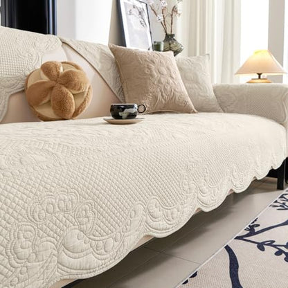 vctops Boho Cotton Quilted Couch Cover Soft Embroidered Sofa Cover Non-Slip Dog Bed Cover Scalloped Sofa Slipcover Washable Furniture Protector Cover (Cream,28"x59") - color: Cream, size: 1pc/28"x59"/Rectangular