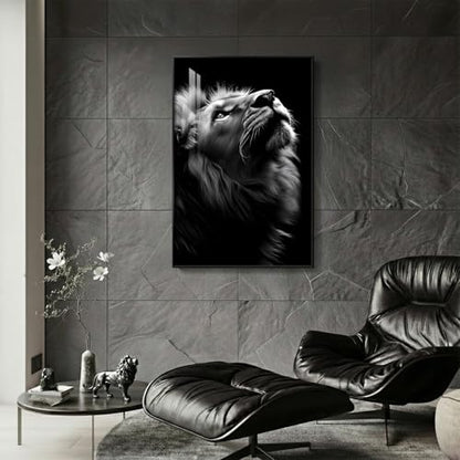 Framed Modern Black and Gray Lion Animal Wall Art, 1 Piece 24x36 In - color: Black and Grey