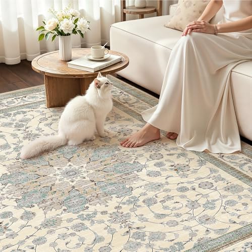 Arenarug Washable 2x3 Area Rug, Distressed Vintage Floral Small Throw Rug, Soft Low-Pile Non-Slip Indoor Rug for Entryway, Kitchen, Bathroom and Bedroom, Cream Blue - color: Cream Blue, size: 2' x 3' (Rectangular)
