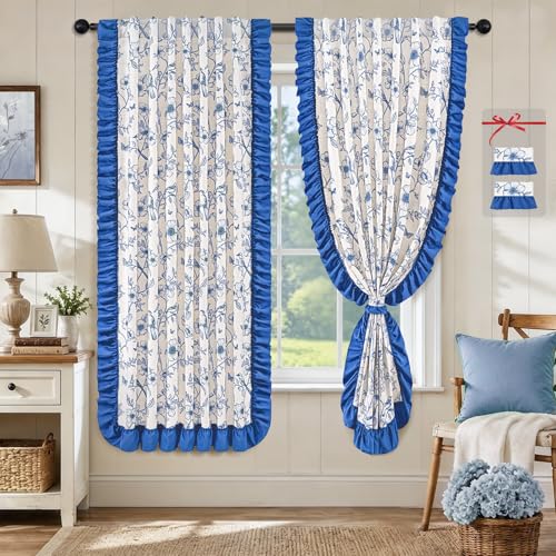 Yinhua Blue Floral Curtains for Living Room 63 Inch French Country Linen Bedroom Curtains with Ruffle Tieback, Light Filtering Flower Patterned Window Curtain Rod Pocket Back Tab Drapes, 2 Panels - color: Blue, size: 52"W x 63"L (Pack of 2)