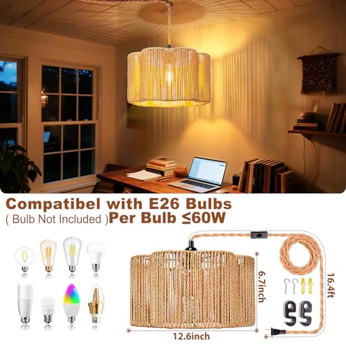Hanging Lamps Rattan Pendant Light Hanging Lights 16.4ft Plug in Cord Pendant Light Fixture Plug Into Wall Outlet Pendant Lighting with On Off Switch for Bedroom Living (Cylindrical Flower Shade) - size: 12.6 Inch - Flower Shade