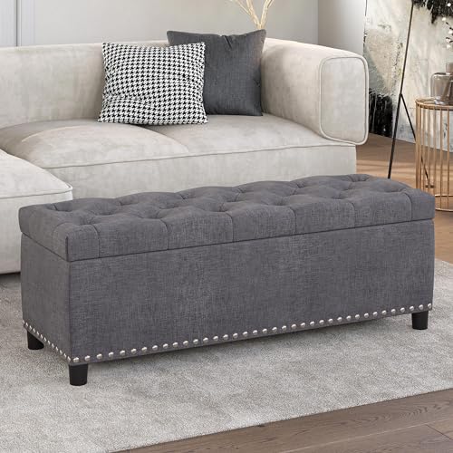BELLEZE Storage Ottoman, Tufted Ottoman with Close Hinge, Foot Rest for Living Room (Gray, 47 inch) - color: Gray a