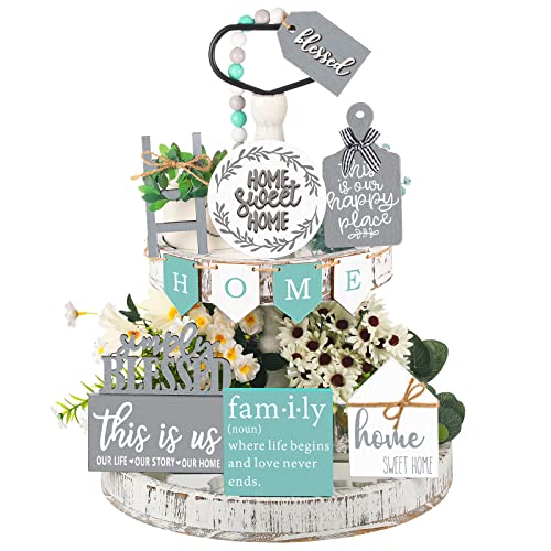 FairySandy 11 Pcs Home Tiered Tray Decor Minimalist Rustic Wooden Signs - style: Minimalist