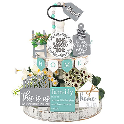 FairySandy 11 Pcs Home Tiered Tray Decor Minimalist Rustic Wooden Signs - style: Minimalist