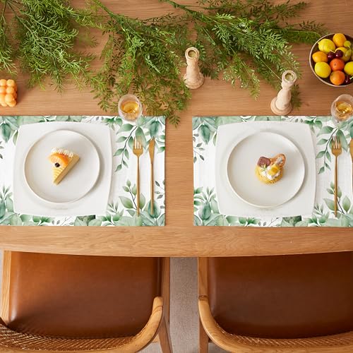 QiyI Boho Table Placemats Set of 4, 12"x18" Linen Place Mats, Green Leaves - color: Green Leaves Border, size: Set of 4