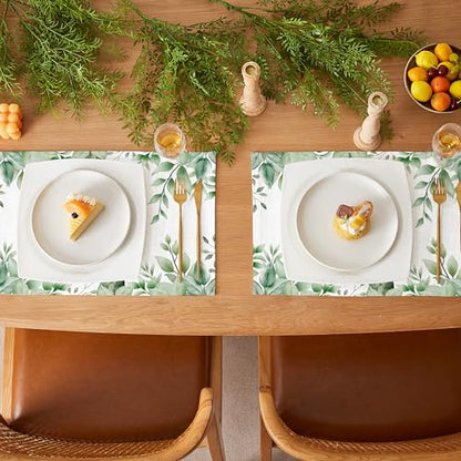 QIYI Boho Table Placemats Set of 6, 12"x18" Linen Place Mats, Green Leaves - color: Green Leaves Border, size: Set of 6