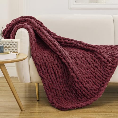 WESHIONGOO Chunky Knit Blanket Throw for Couch Bed 40"×40" Burgundy Red - color: Burgundy Red, size: 40"x40"(Small Size Throw)