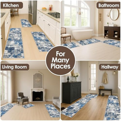 Kitchen Rugs Sets of 3 Non Slip Washable Mats for Floor, Blue - color: Blue