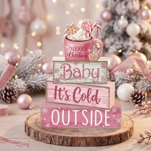 Moucuny 4 Pcs Pink Christmas Table Decor Wooden Hot Chocolate Cocoa Decor - style: Baby, It’s Cold Outside