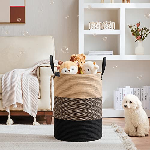 VIPOSCO 72L Tall Woven Rope Laundry Hamper, Leather Handles, Brown & Black - color: Brown & Black, size: 72L