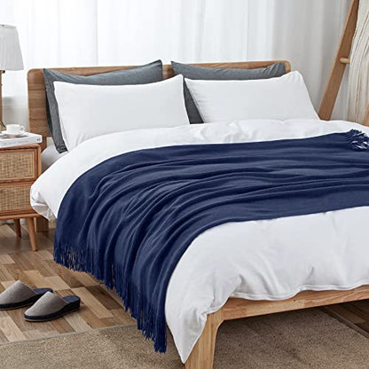 Vonty Royal Blue Knitted Throw Blanket with Tassels Fringe, 50x60 Acrylic - color: Royal Blue, size: 50" x 60"
