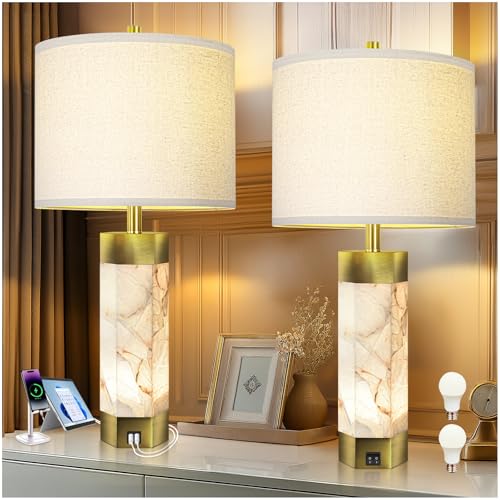 Scenekoy 68.6cm(27인치) 알라바스터 테이블 램프 2개 세트, 야간 조명이 있는 테이블 램프 - color: 퓨어 화이트.
