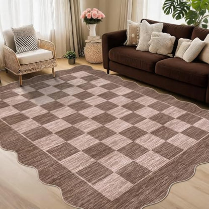 Garvee 9x12 Washable Rugs for Living Room Checkered Scalloped Rug, Brown - color: Scalloped - Brown, size: 9' x 12' (Rectangular)