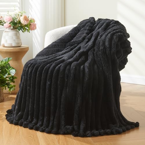NEWCOSPLAY Fleece Ribbed Cozy Twin Blanket for Couch, Black, 60"x80" - color: Black Ribbed, size: Twin(60"x80")