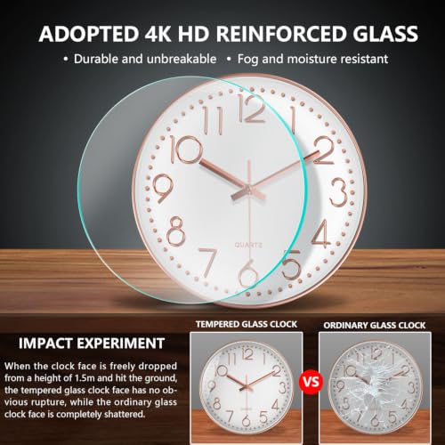 Modern Silent Wall Clock, 14 Inch Wall Clocks Battery Operated | Large Number, Non-Ticking Analog Clock with Tempered Glass Quartz Clocks for Living Room Bedroom Office Kitchen, Rose Gold - color: Rose Gold, size: 14 Inch