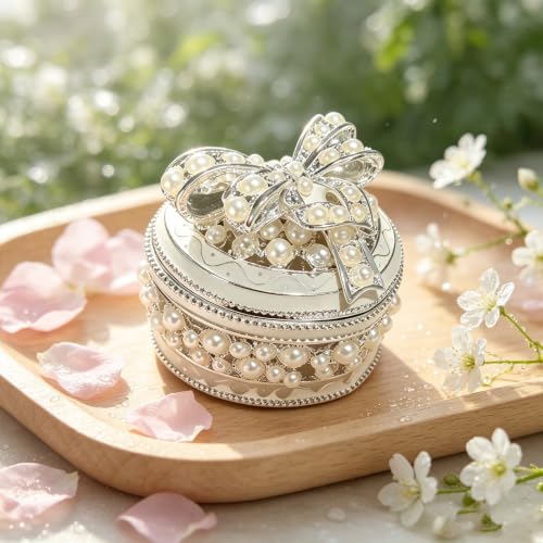 Metal Enamel Pearl Bow Jewelry Box Mini Trinket Storage Gift for Jewelry - color: Heart