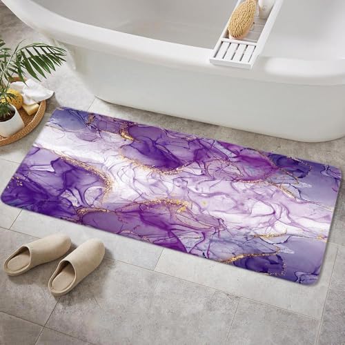 Purple Bath Mat, Marble Texture Abstract Bathroom Rugs No Silp, Purple Gold Colorful Romantic Abstract Bathroom Kitchen Door Mat, Soft Modern Luxury Elegant Art Decor 16X48IN - color: Purple, size: 1'4" x 4' (Rectangular)