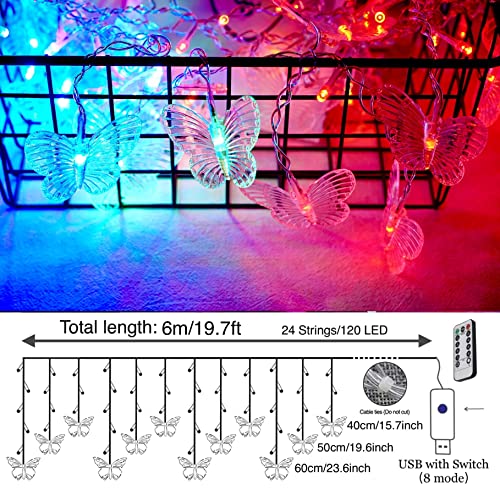 8 Modes 120 LED 19.7FT Firefly Twinkle Timer String Lights with Remote,Butterfly Curtain Fairy Lights USB Plug in, Waterproof Copper Wire for Bedroom Patio Christmas Wedding Party Dorm(Multicolor) - color: Multicolor