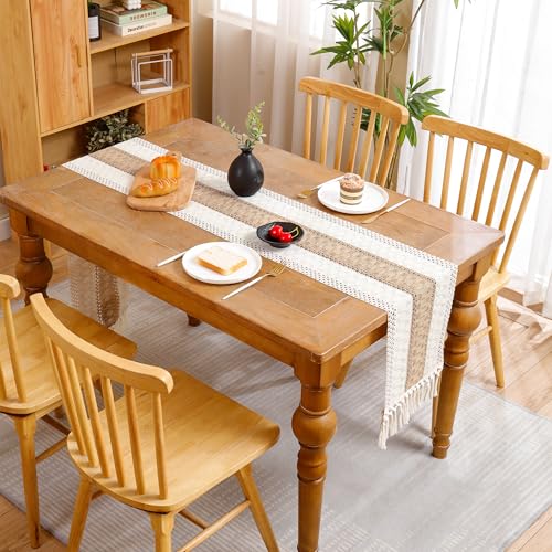 120 inch Boho Table Runner with Tassels Khaki Striped Fall Decor - color: Khaki Stripes
