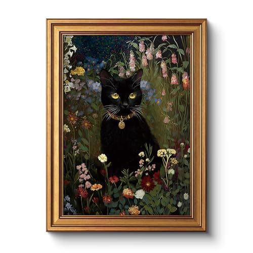 Vintage Gold Frame Black Cat in Garden Botanical Floral 12x16 inch Wall Art - color: Hide, size: 16"L x 12"W