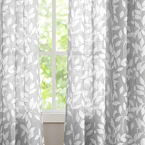Grey Semi Sheer Curtains 95" White Leaf Print Living Room Window Drapes 2pc - color: Grey, size: 52"W x 95"L (Pack of 2)