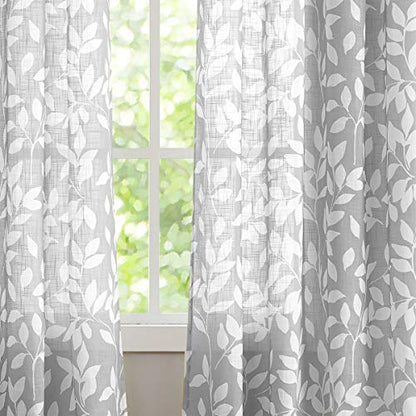 White Grey Leaf Sheer Linen Curtains 52x72"L Bedroom Drapes Farmhouse 2pcs - color: Grey, size: 52"W x 72"L (Pack of 2)