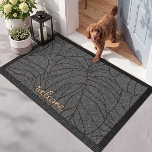 LUMI Outside Welcome Door Mat 32x47, Non-Slip Heavy Duty Dirt Trapper, Grey - color: Grey Gold Monstera, size: 32"x47"