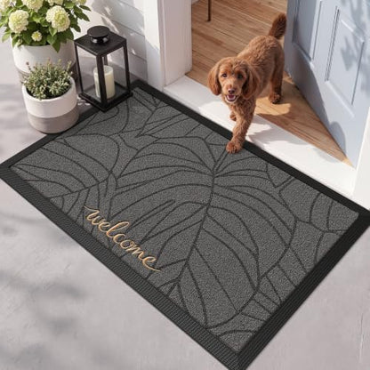 LUMI Outside Welcome Door Mat 32x47, Non-Slip Heavy Duty Dirt Trapper, Grey - color: Grey Gold Monstera, size: 32"x47"