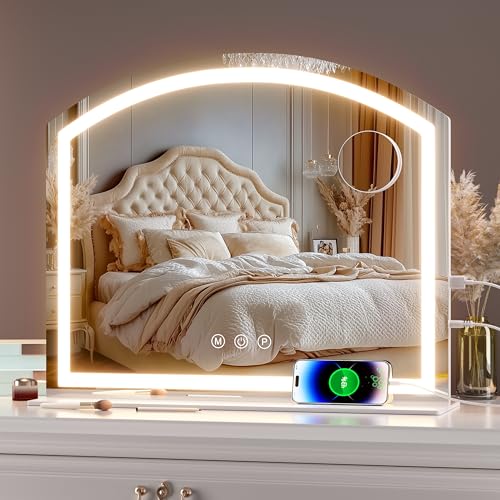 Hasipu Arch Vanity Mirror with Light, 24"x20" Arched Led Makeup Mirror with 10X Magnification, Tabletop Desk Mirrors with USB Charging Port, Dimmable 3 Colors Mode - size: 24"L x 20"W