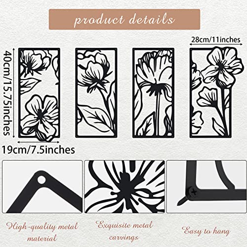 4 Pcs Black Metal Flower Wall Art Minimalist Floral Decor, Stylish - style: Stylish