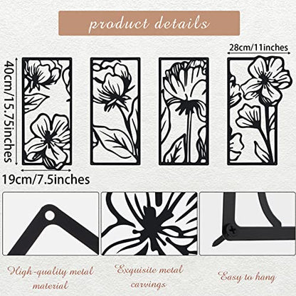 4 Pcs Black Metal Flower Wall Art Minimalist Floral Decor, Stylish - style: Stylish