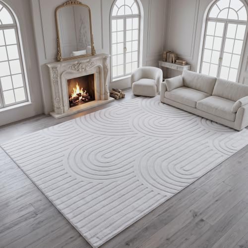 High-Low Pile Washable 8x10 Area Rug, Cream Neutral Arch Textured Soft Large Rug, Non-Slip Stain Resistant Rug for Living Room Bedroom Dining Room, Under Table Rug - color: High-low Pile Curved Off-white Rug, size: 8' x 10' (Rectangular)