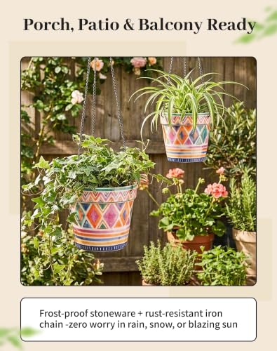 Stoneware Hanging Planters Set of 2, Large 7" + Small 5" - color: Set 2-boho Geometric