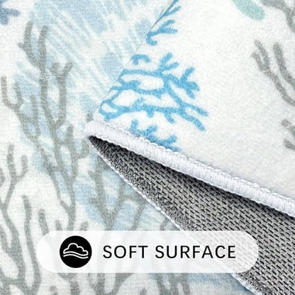 Coastal Bathroom Mat 20x32in Blue Seashel Beach Ocean Soft Thin Bathroom Rugs Fit Under Door Absorbent Non Slip Washable Bath Rugs for Bathtub Shower Sink (Blue, 20x32in) - color: Blue