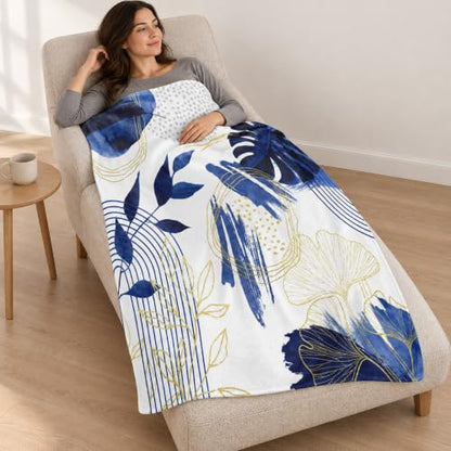 Blue Leaf Throw Blanket, Navy Blue and Gold, 50x60 in - color: Blue, size: 50"Wx60"L