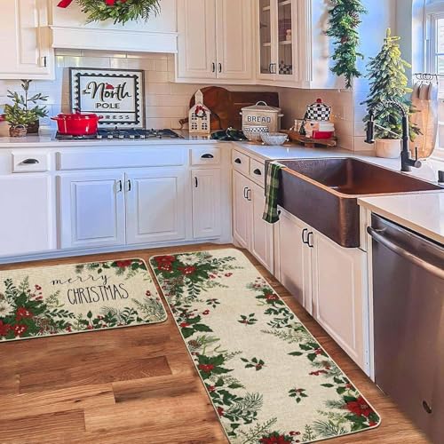 Baccessor Christmas Kitchen Rugs Set of 2, 17x29 and 17x47 Inch - color: Holly Berry