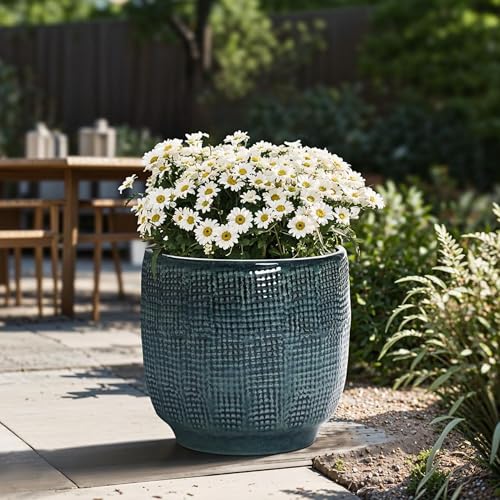 LuxenHome 12" Large Round Ceramic Pots for Plants, Glazed Green Planter