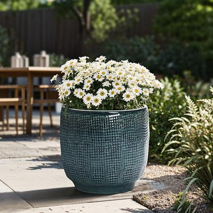 LuxenHome 12" Large Round Ceramic Pots for Plants, Glazed Green Planter