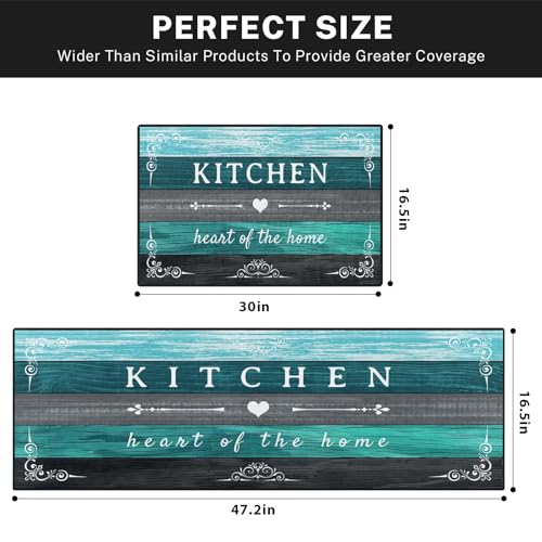Kitchen Rugs Set of 2 Non Slip WashableTurquoise Farmhouse Rustic - color: Rustic Teal Grey