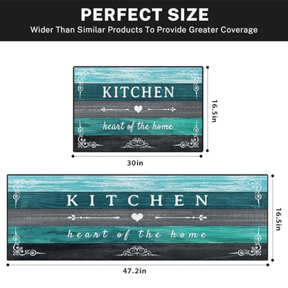 Kitchen Rugs Set of 2 Non Slip WashableTurquoise Farmhouse Rustic - color: Rustic Teal Grey