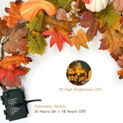 6ft Pumpkin Maple Leaf & Berries Fall Garland with Light String