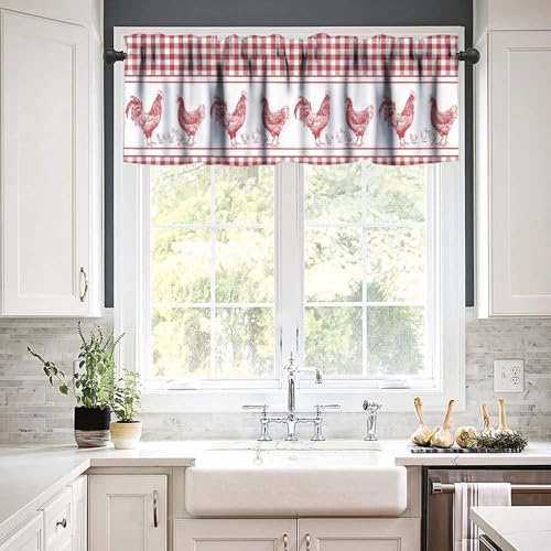 Farmhouse Rooster Kitchen Valance Curtains, Rustic Red White Buffalo Check Stripe Boho Window Treatment Valances for Dining Room Living Room 1 Panel, 54x18Inch - color: Chicken-3
